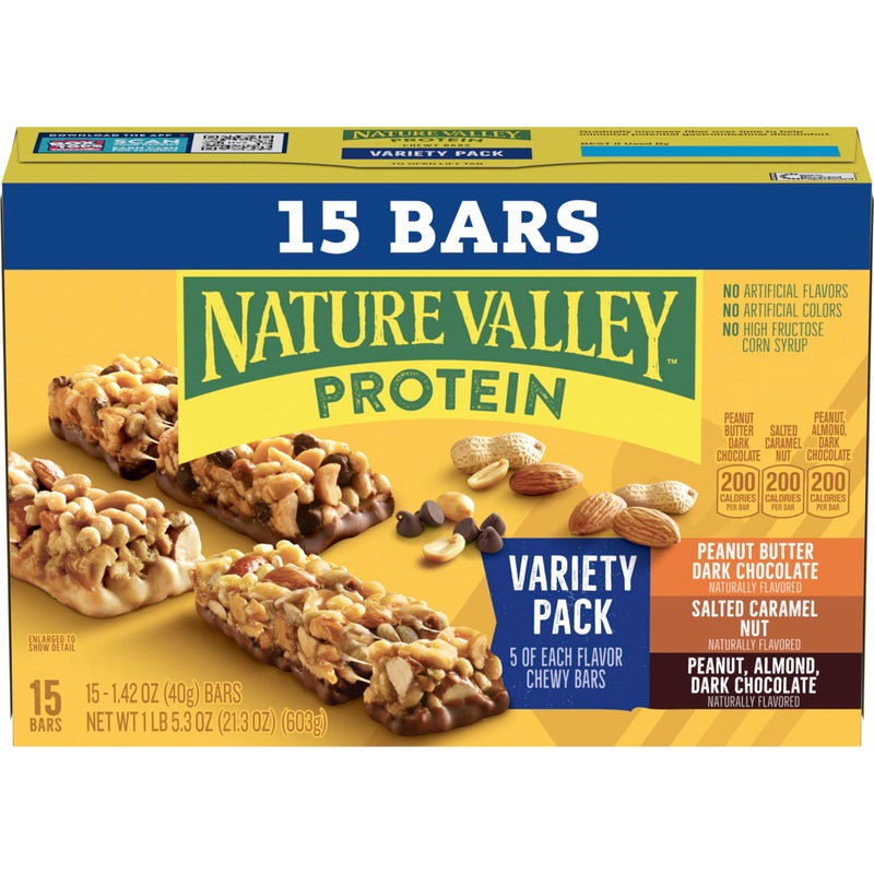 Nature Valley Protein Bars Variety Pack, Gluten Free Chewy Granola Snack Bars, 10g Protein, Peanut Butter Dark Chocolate, Salted Caramel Nut, Peanut Almond Dark Chocolate, 15 Count, 21.3 oz Box - Image 2