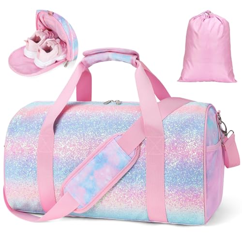 BrainyBees Dance Bag for Girls - Kids Duffle Bag with Shoe Compartment and Wet Pocket, Water Resistant Kids Weekender Overnight Travel Luggage for Ballet Gymnastics Sports(Tie-Dye Pink) - Image 1