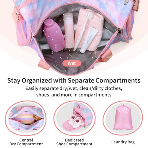 BrainyBees Dance Bag for Girls - Kids Duffle Bag with Shoe Compartment and Wet Pocket, Water Resistant Kids Weekender Overnight Travel Luggage for Ballet Gymnastics Sports(Tie-Dye Pink) - Image 3