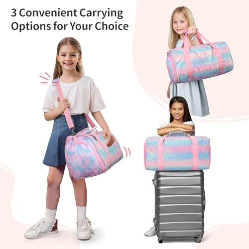 BrainyBees Dance Bag for Girls - Kids Duffle Bag with Shoe Compartment and Wet Pocket, Water Resistant Kids Weekender Overnight Travel Luggage for Ballet Gymnastics Sports(Tie-Dye Pink) - Image 4