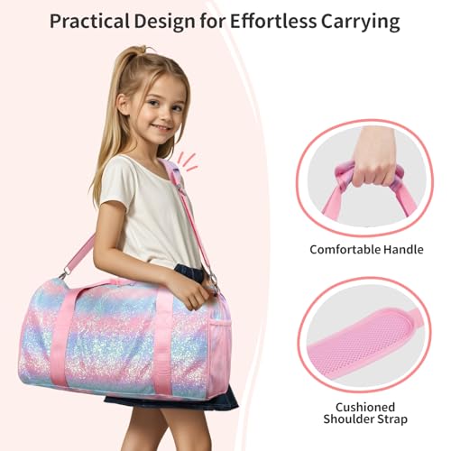 BrainyBees Dance Bag for Girls - Kids Duffle Bag with Shoe Compartment and Wet Pocket, Water Resistant Kids Weekender Overnight Travel Luggage for Ballet Gymnastics Sports(Tie-Dye Pink) - Image 5