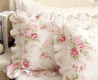 FADFAY FADFAY Shabby Pink Rose Floral Print Pillowcases Elegant Country Style Vintage Lace Ruffles Bedding Pillow Covers  - Image 1