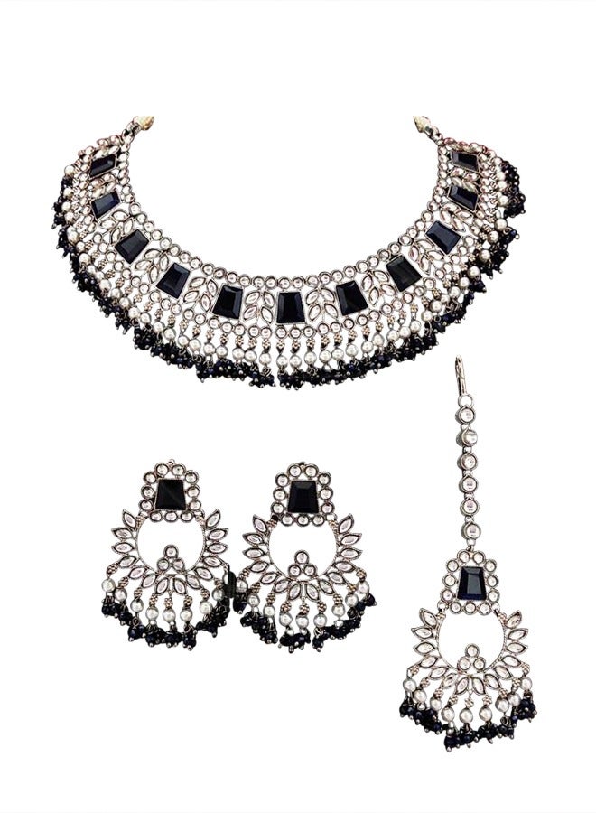 Blue coloured Black Rhodium Polished Choker Necklace Set