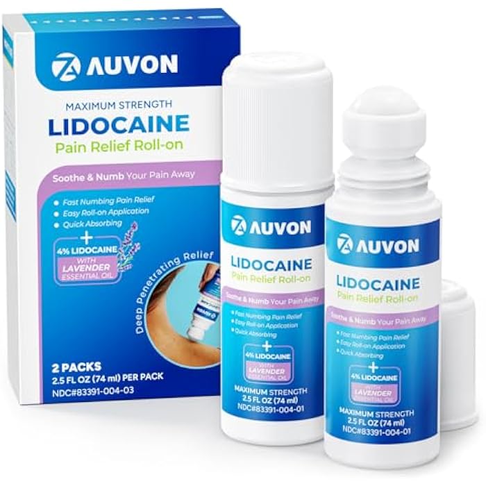 AUVON Max Strength Lidocaine Pain Relief Roll-On with Lavender Oil, No Mess | Quick Absorbing, Numb & Soothe Pain for Neck, Shoulders, Back, Knees, Feet, 2.5 Oz, Easy to Carry in Pocket/Hand Bag, 2 Packs - Image 1