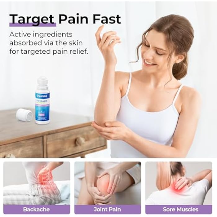 AUVON Max Strength Lidocaine Pain Relief Roll-On with Lavender Oil, No Mess | Quick Absorbing, Numb & Soothe Pain for Neck, Shoulders, Back, Knees, Feet, 2.5 Oz, Easy to Carry in Pocket/Hand Bag, 2 Packs - Image 2
