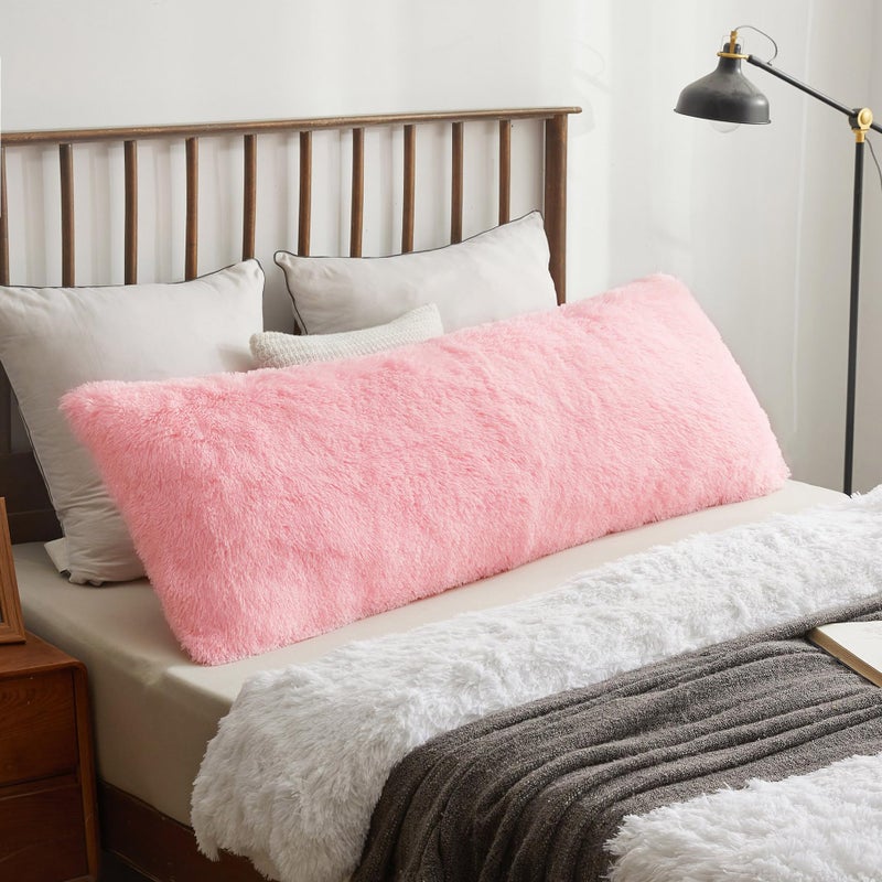 XeGe Cozy 20x54 Long Fluffy Body Pillow Cover Plush Fuzzy Faux Fur Body Pillowcase with Zipper Rectangular Furry Bed Pillow Sham for Pregnant Women Side Sleeper Shaggy Bedding Pillow Light Pink