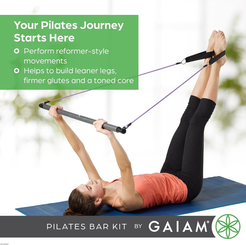 Gaiam Restore Pilates Bar Reformer Kit  Home Fitness Equipment for Total Body Workout  Includes Bar Two 30Inch Resistance Band Cords with Attached Foot Strap Loops  Exercise Guide Included - Image 2