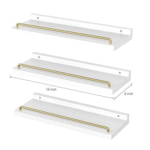 RYOFOBETTO Floating Shelves for Wall Decor, White and Gold Shelves for Bathroom, Living Room, Bedroom, Picture Frames, Plants, Kitchen (Set of 3) - Image 2