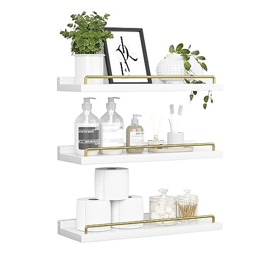 RYOFOBETTO Floating Shelves for Wall Decor, White and Gold Shelves for Bathroom, Living Room, Bedroom, Picture Frames, Plants, Kitchen (Set of 3) - Image 1