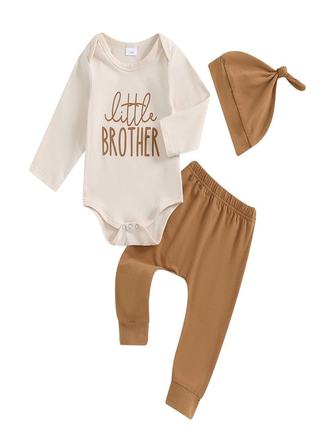 Ayalinggo Little Brother Newborn Outfit Baby Boy Lil Bro T Shirt Romper Long Pants Set Hat Infant little Summer Clothes (Khaki, 0-3 Months) - Image 1