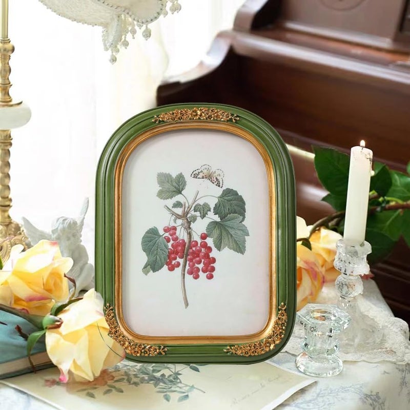SIKOO Vintage Picture Frames 5x7 Antique Picture Frames Wall Mount and Tabletop Vintage Wall Decor Green and Gold - Image 3