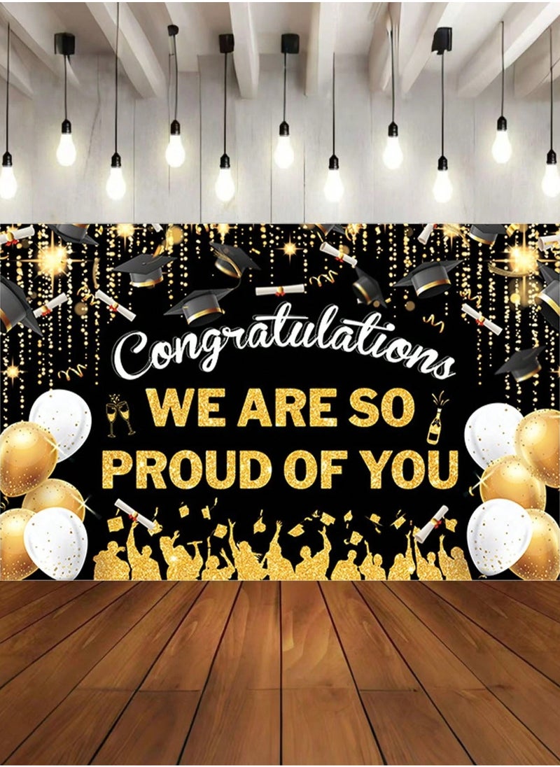 Generic - Graduation decoration background in gold and black with the phrase “We are proud of you” and a graduation cap design to add a special touch to your graduation party. Size: (100*150) cm - Image 1