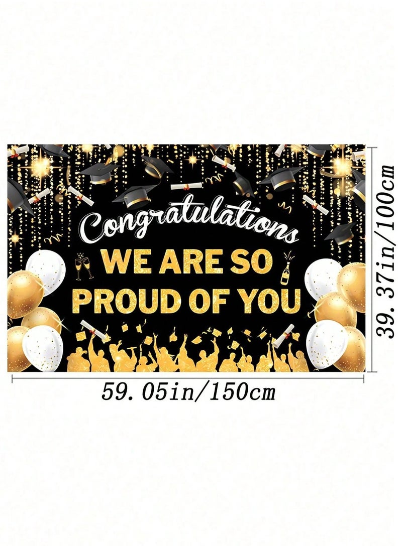 Generic - Graduation decoration background in gold and black with the phrase “We are proud of you” and a graduation cap design to add a special touch to your graduation party. Size: (100*150) cm - Image 1