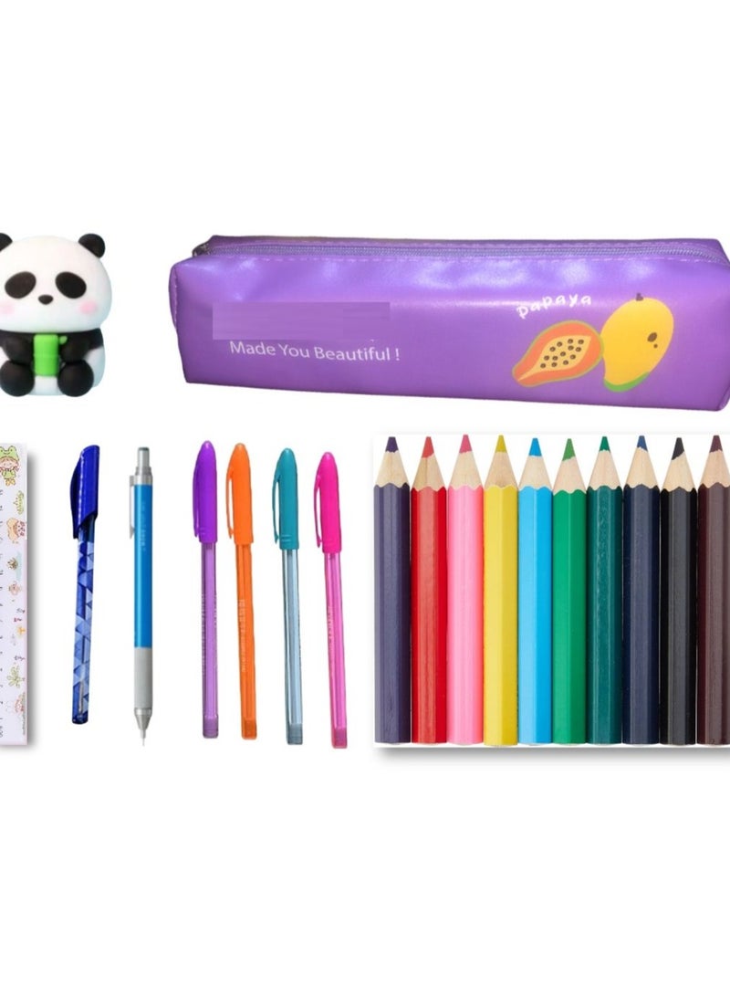 21-piece school supplies set (pencil case with zipper + 4 fluorescent colors + 12 wood colors + pencil + eraser and sharpener + pen + 15 cm ruler) - Image 1