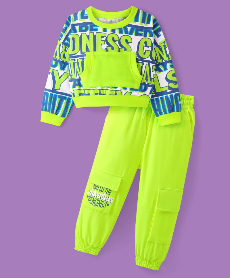 Ollington St. Ollington St. 100% Cotton Knit Full Sleeves Sweatshirt and Loose Fit Joggers Set With Text Print - Green and Blue