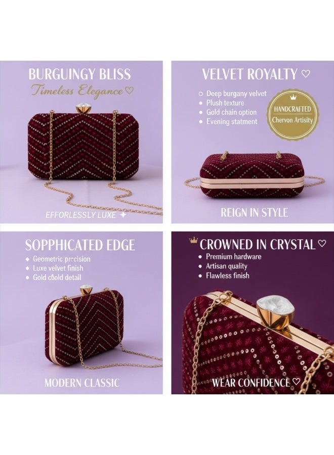 JOHN PAULS Luxury Velvet Evening Handmade Clutch Bag with Gold Chain Strap Sangria Elegant Designer Style Handbag & Bridal Purse for Weddings, Parties, Prom, and Special Occasions - Image 3