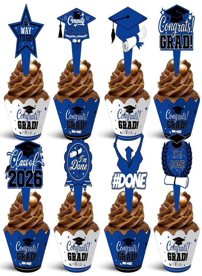 wuhuzsm 48 Pieces 2026 Graduation Cupcake Toppers and Wrappers, Adjustable Grad Cap Diploma Cake Decorations for Class of 2025 Graduation Party Supplies (Blue White) - Image 1