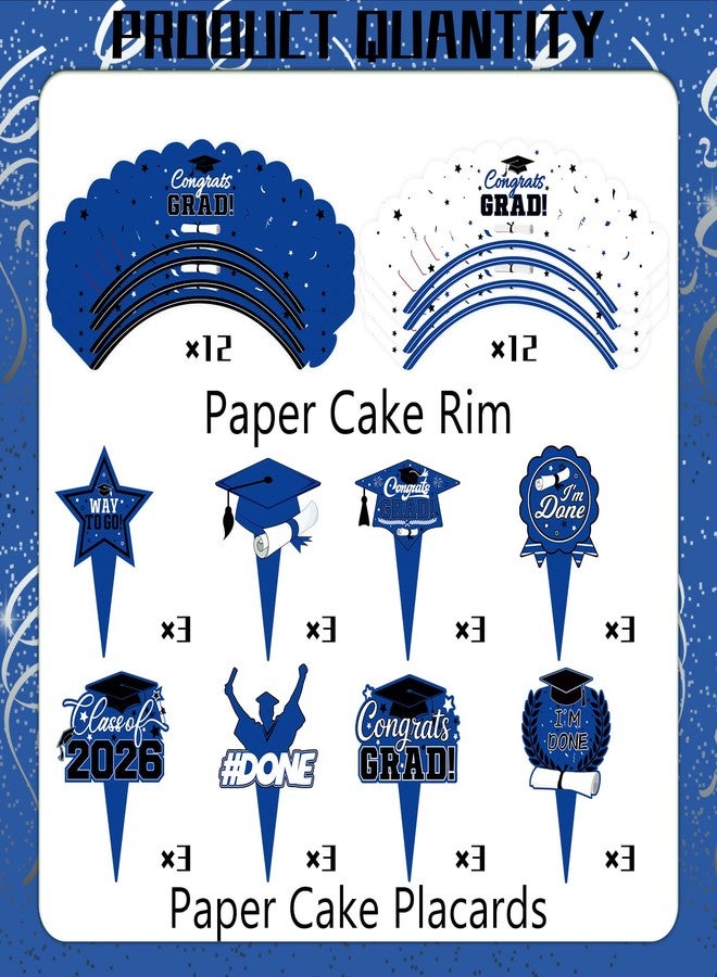 wuhuzsm 48 Pieces 2026 Graduation Cupcake Toppers and Wrappers, Adjustable Grad Cap Diploma Cake Decorations for Class of 2025 Graduation Party Supplies (Blue White) - Image 4