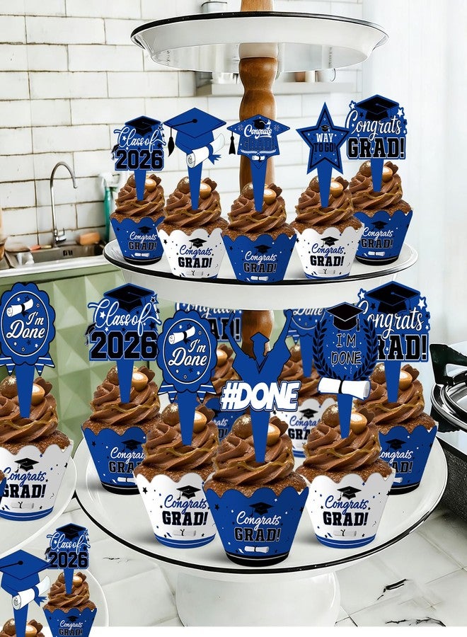 wuhuzsm 48 Pieces 2026 Graduation Cupcake Toppers and Wrappers, Adjustable Grad Cap Diploma Cake Decorations for Class of 2025 Graduation Party Supplies (Blue White) - Image 2
