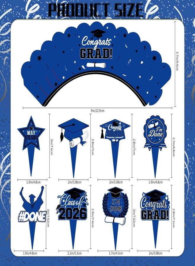 wuhuzsm 48 Pieces 2026 Graduation Cupcake Toppers and Wrappers, Adjustable Grad Cap Diploma Cake Decorations for Class of 2025 Graduation Party Supplies (Blue White) - Image 3