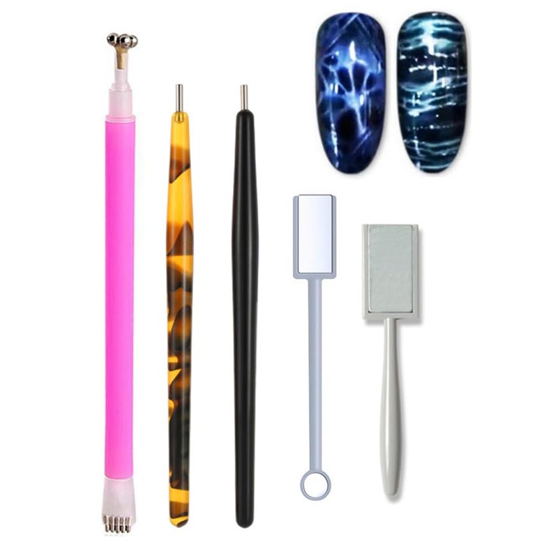 WOKOTO 5Pcs Nail Magnet Tool Set With Double Head Flower Design Nail Magnet Pens And Strong Magnet Stick For Cat Eye Gel Polish Nail Art MJB076