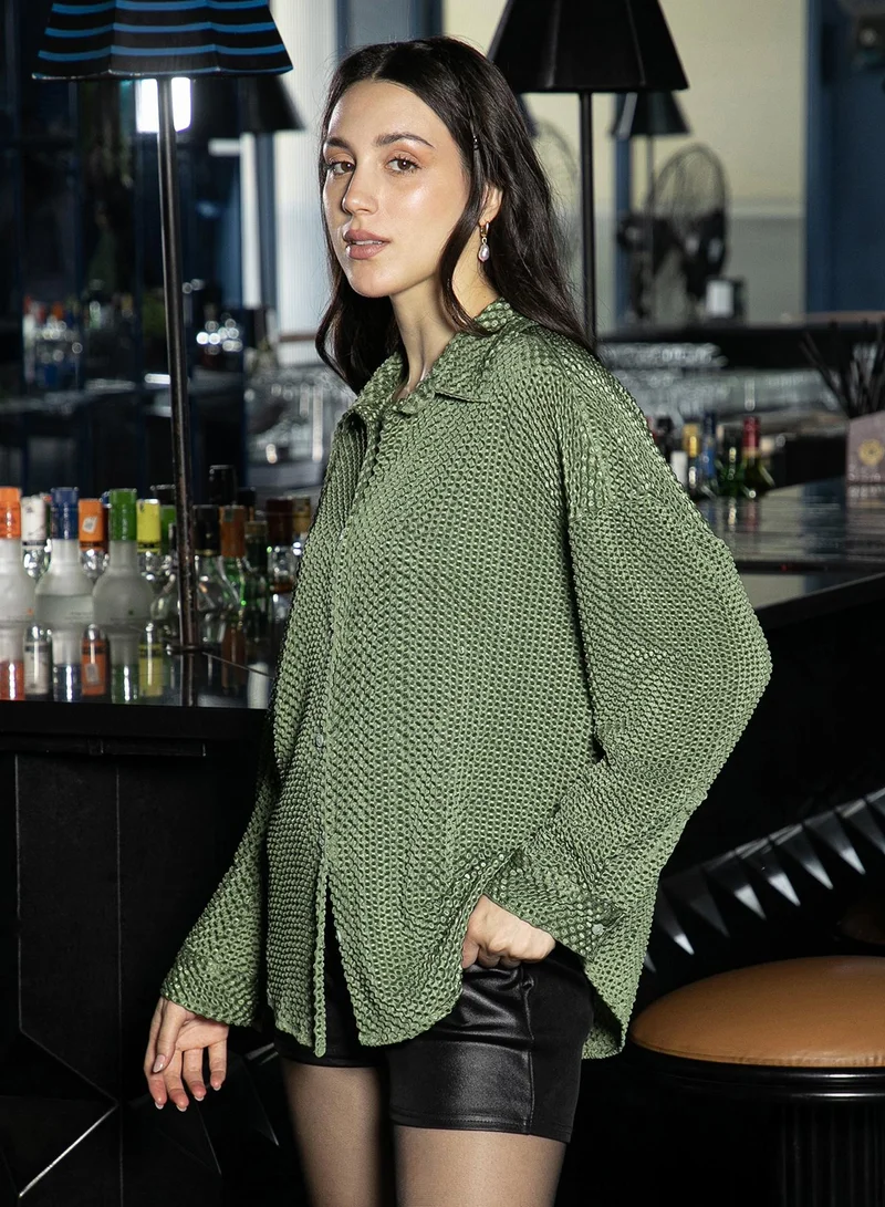 Pinacolada  Women's Olive Green Puffy-Textured Oversized Shirt for Women | Best Price UAE