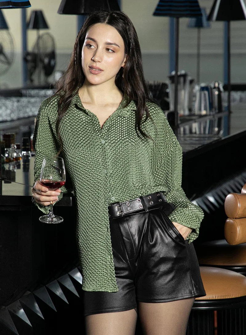 Women's Olive Green Puffy-Textured Oversized Shirt