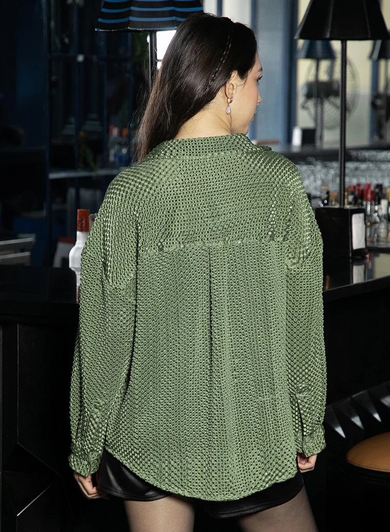 Pinacolada  Women's Olive Green Puffy-Textured Oversized Shirt for Women | Best Price UAE