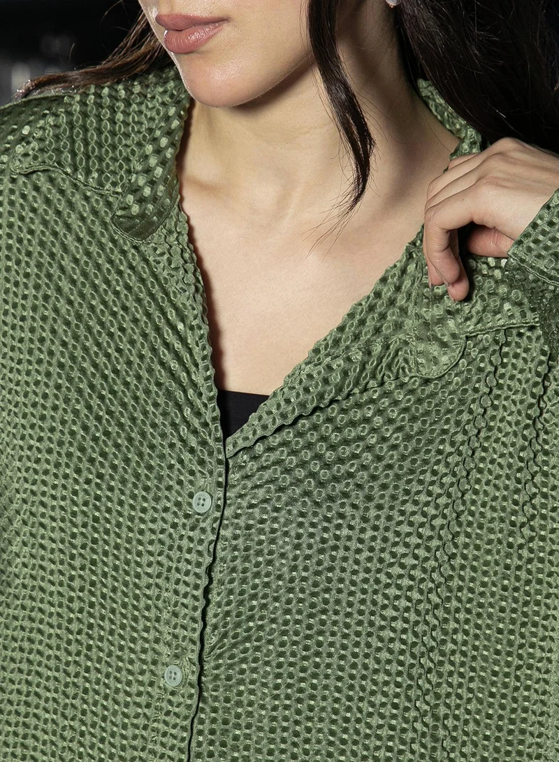 Pinacolada  Women's Olive Green Puffy-Textured Oversized Shirt for Women | Best Price UAE