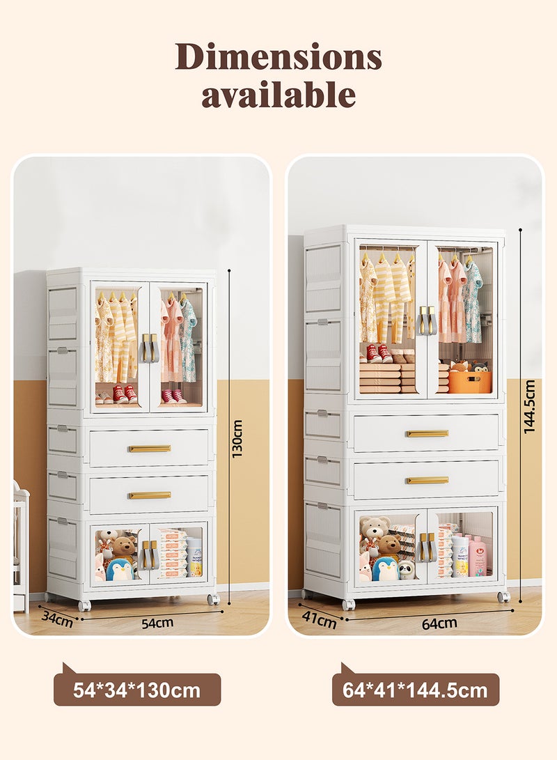 Ollieroo خزانة تخزين بلاستيكية modular – خزانة PP/PET/ABS مع 2 درج، صندوق قابل للطي، قضيب تعليق و 6 شماعات (ألوان عشوائية)، عجلات دوارة قابلة للقفل، مقابض مثبتة مسبقًا، وأبواب مغناطيسية لغرفة النوم، أو الخزانة، أو غرفة المعيشة، 64 × 41 × 144.5 سم - Image 3