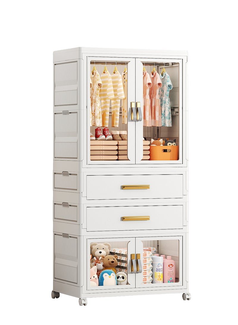 Ollieroo خزانة تخزين بلاستيكية modular – خزانة PP/PET/ABS مع 2 درج، صندوق قابل للطي، قضيب تعليق و 6 شماعات (ألوان عشوائية)، عجلات دوارة قابلة للقفل، مقابض مثبتة مسبقًا، وأبواب مغناطيسية لغرفة النوم، أو الخزانة، أو غرفة المعيشة، 64 × 41 × 144.5 سم - Image 1