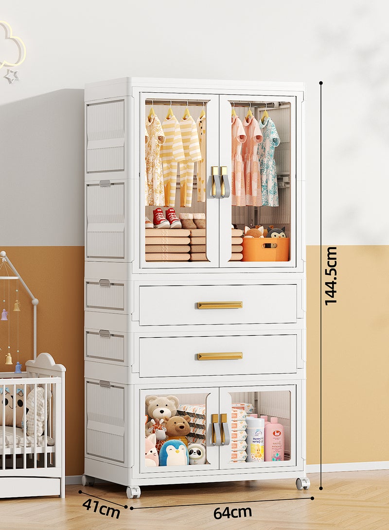 Ollieroo خزانة تخزين بلاستيكية modular – خزانة PP/PET/ABS مع 2 درج، صندوق قابل للطي، قضيب تعليق و 6 شماعات (ألوان عشوائية)، عجلات دوارة قابلة للقفل، مقابض مثبتة مسبقًا، وأبواب مغناطيسية لغرفة النوم، أو الخزانة، أو غرفة المعيشة، 64 × 41 × 144.5 سم - Image 2