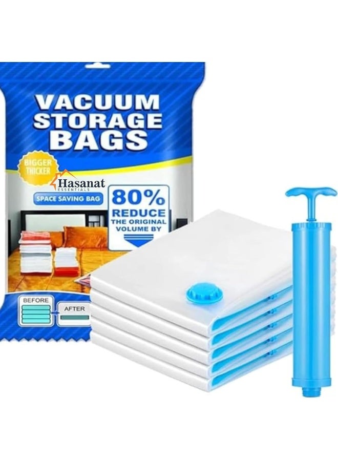 HASANAT ESSENTIALS أكياس فراغ الملابس الأساسية مع مضخة أكياس فراغ قابلة لإعادة الاستخدام لتوفير المساحة للتخزين والضغط للسفر - Image 1