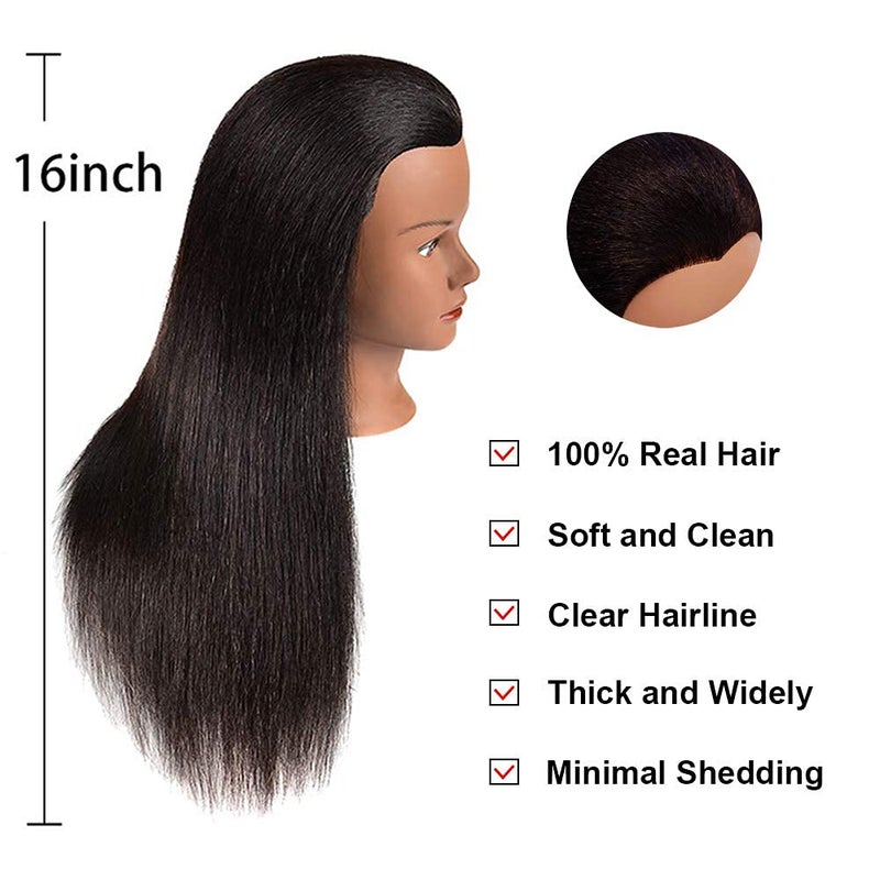 headdoll Mannequin Head 100% Real Hair for Cosmetology Manikin 16 Inch Doll Head Hairdresser Hairstylist Training Practice Styling Braiding Styling Curling Coiling Display Cosmetology with Stand - Image 3