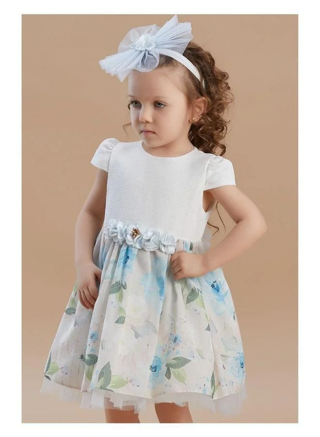 فيا بامبينو Ivory & Blue Floral Print Tulle Dress 3250