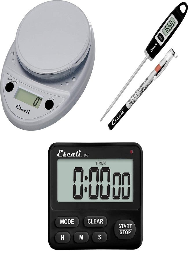 Escali Primo Bakers Bundle - P115C Digital Kitchen Scale, Chrome, 11 Pound Capacity, DH1 Digital Thermometer, Black, and DR7 Digital Timer for Cooking and Baking - Image 1