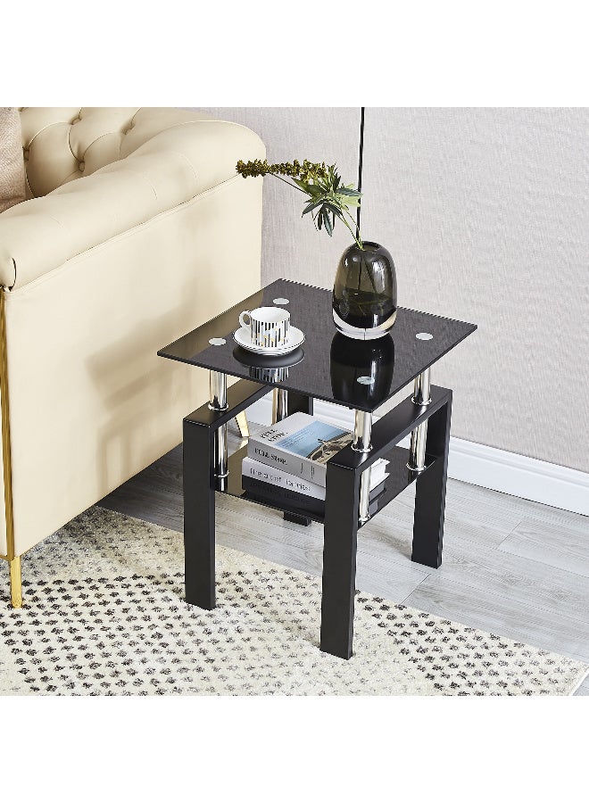 Generic 1PC Glass End Tables - Modern Black Two Tiered Nightstand Side Table Square Tempered Glass Table with Metal Frame for Living Room or Bedroom  - Image 2
