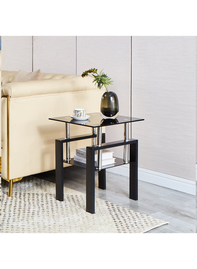 Generic 1PC Glass End Tables - Modern Black Two Tiered Nightstand Side Table Square Tempered Glass Table with Metal Frame for Living Room or Bedroom  - Image 5