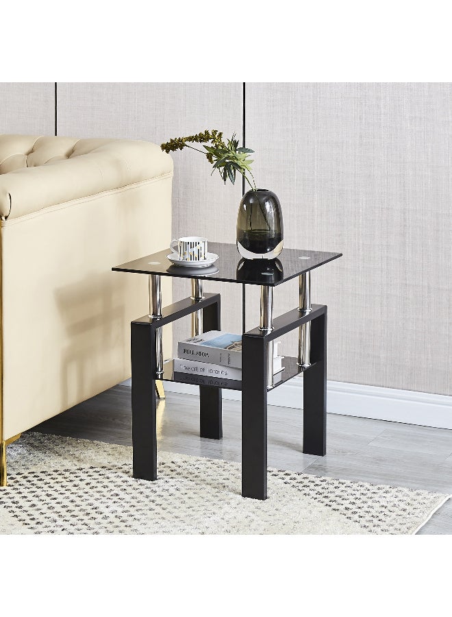 Generic 1PC Glass End Tables - Modern Black Two Tiered Nightstand Side Table Square Tempered Glass Table with Metal Frame for Living Room or Bedroom  - Image 3