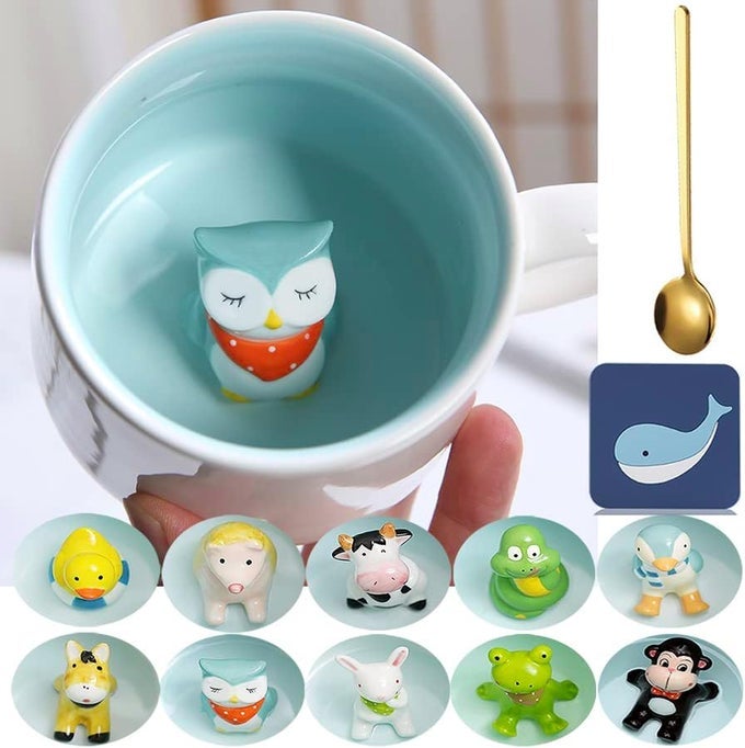 ANIMAL INSIDE CUP OWL MUGS 12 OZ FUNNY COFFEE MUGS WITH HANDLE CUTE COFFEE MUGS TEA CUPS WITH SPOON KIDS MUGS CERAMIC CUPS NOVELTY CUPS GIFT FOR WOMEN FRIENDS UNIQUE COFFEE MUG FOR BIRTHDAY PARTY