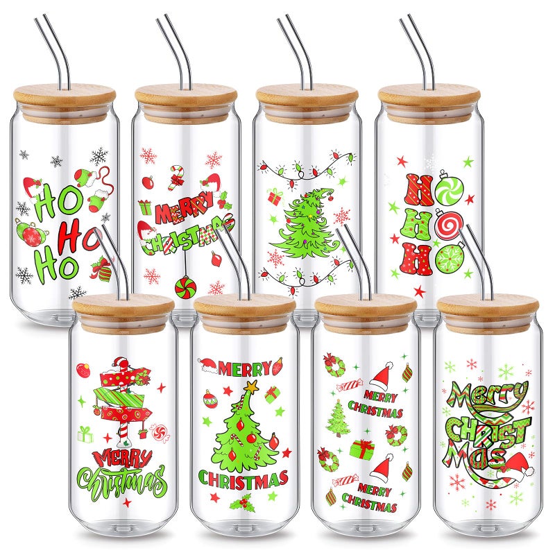 Sliner 8 Pcs 18oz Christmas Mason Jar Cups Gift Mug with Lid and Straw Christmas Tumbler Drinking Glasses Coffee Cups Jar Water Glassware Xmas Home Decorations Gift for Women Men Ho Ho Ho - Image 2