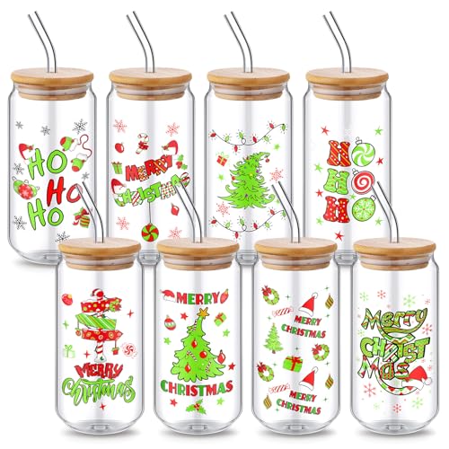 Sliner 8 Pcs 18oz Christmas Mason Jar Cups Gift Mug with Lid and Straw Christmas Tumbler Drinking Glasses Coffee Cups Jar Water Glassware Xmas Home Decorations Gift for Women Men Ho Ho Ho - Image 1