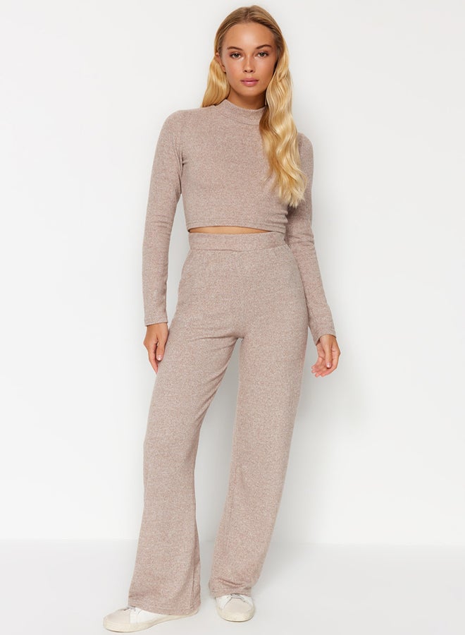 trendyol Beige Stand-Up Collar, Soft Crop and Wide Leg/Wide Leg Knitted Top and Bottom Set TWOAW24AU00077  - Image 2