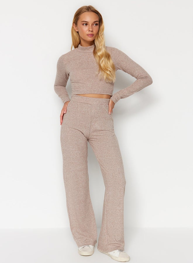 trendyol Beige Stand-Up Collar, Soft Crop and Wide Leg/Wide Leg Knitted Top and Bottom Set TWOAW24AU00077  - Image 3