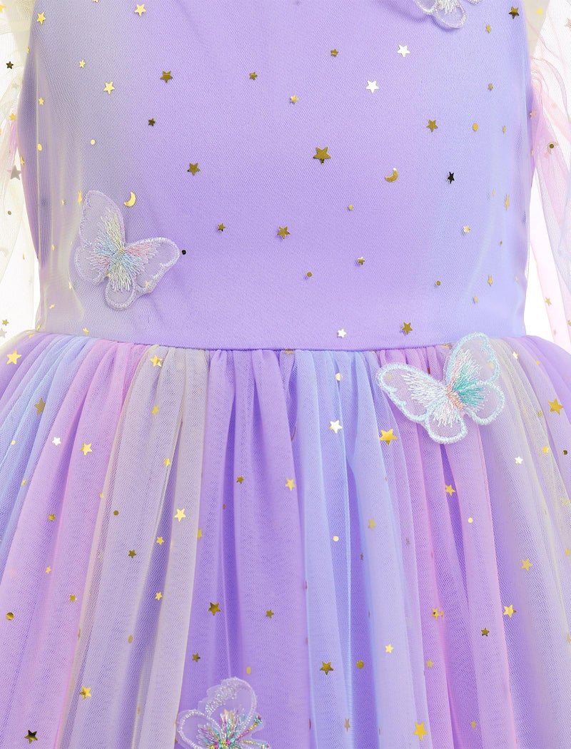 ODOLDI Kids Girls Birthday Party Long Sleeve Star Glitters Tulle Tutu Dress 3D Butterfly Star Sequins Ruffle Dress - Image 3
