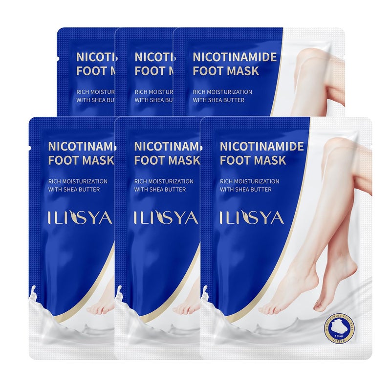 ILISYA ROUSE Foot Mask Moisturizing 6 Pack Feet Spa Hydrating Mask Socks Soft Dry Cracked Feet Care - Nicotinamide + Shea Butter + Goat Milk - Women and Men - Image 1
