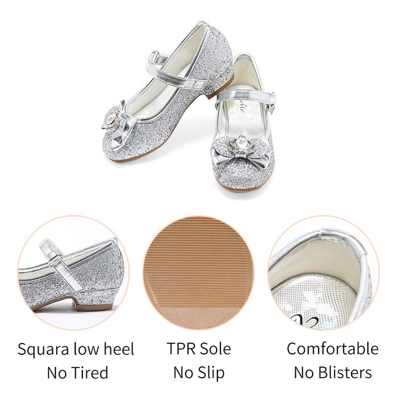 Stelle Girls Dress Shoes Glitter Princess Shoe Flower Mary Jane Low Heels Party Wedding Prom Footwear for Toddler Kids(T13-Silver, 11ML) - Image 5