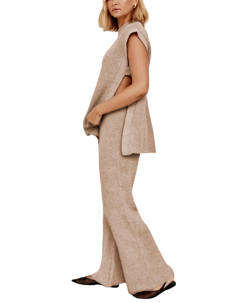 Lviefent Womens 2 Piece Outfits Sweater Set Sleeveless Side Slit Pullover Top Knit Wide Leg Pants Lounge Matching Sets (Khaki-S) - Image 1