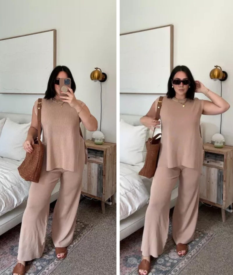 Lviefent Womens 2 Piece Outfits Sweater Set Sleeveless Side Slit Pullover Top Knit Wide Leg Pants Lounge Matching Sets (Khaki-S) - Image 3