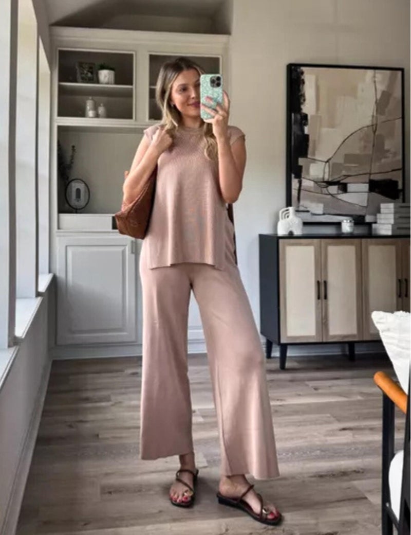 Lviefent Womens 2 Piece Outfits Sweater Set Sleeveless Side Slit Pullover Top Knit Wide Leg Pants Lounge Matching Sets (Khaki-S) - Image 2